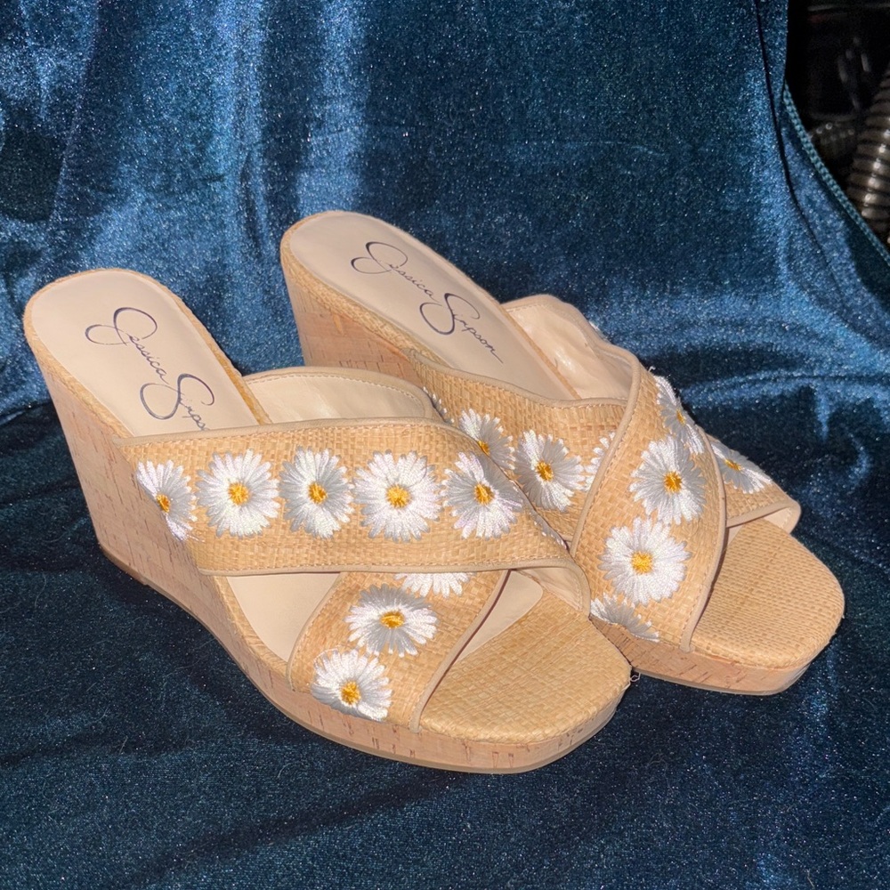 Jessica Simpson Daisy Embroidered Cork Wedge Sandals Size 9.5 Cottagecore Boho